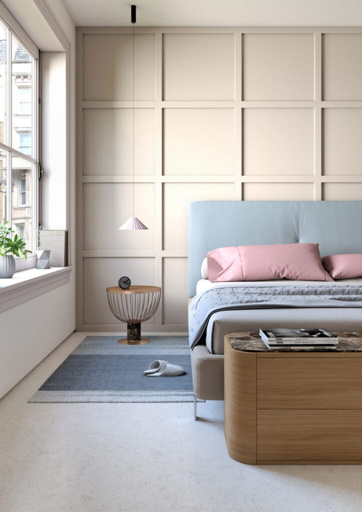 render 3d dormitorio, cama, mueble madera, interiorismo, render de producto