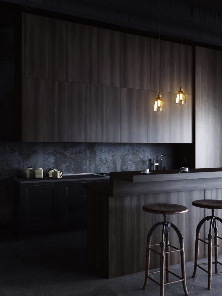 render interior de una cocina moderna, madera oscura, negra, barra y taburetes. Iluminación intima con personalidad. Diseño moderno de cocina.